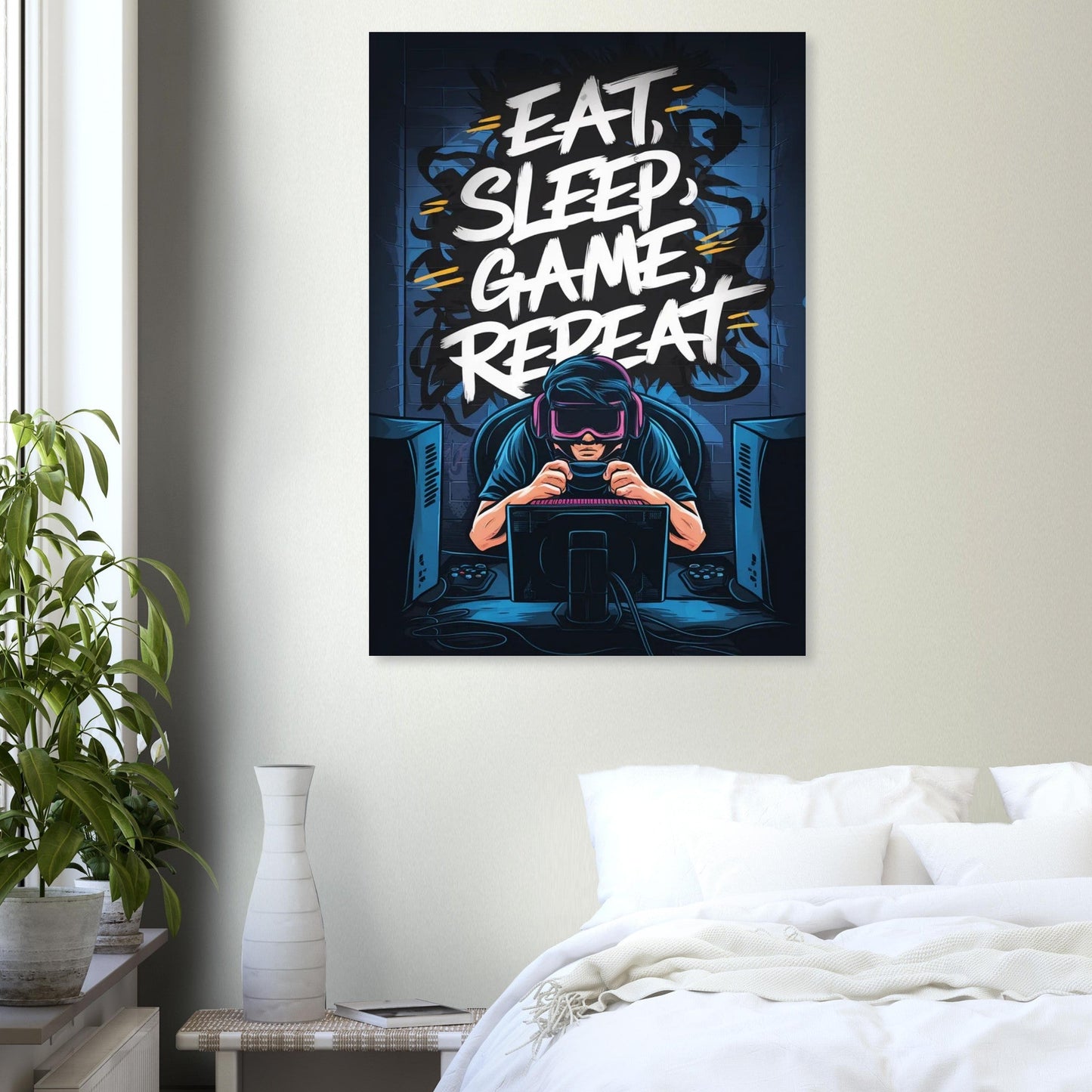 Eat, Sleep, Game, Repat. Aluminum Print | Home Decor | Gaming | Madfox Creations Co.