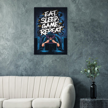 Eat, Sleep, Game, Repat. Aluminum Print | Home Decor | Gaming | Madfox Creations Co.