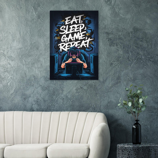 Eat, Sleep, Game, Repat. Aluminum Print | Home Decor | Gaming | Madfox Creations Co.