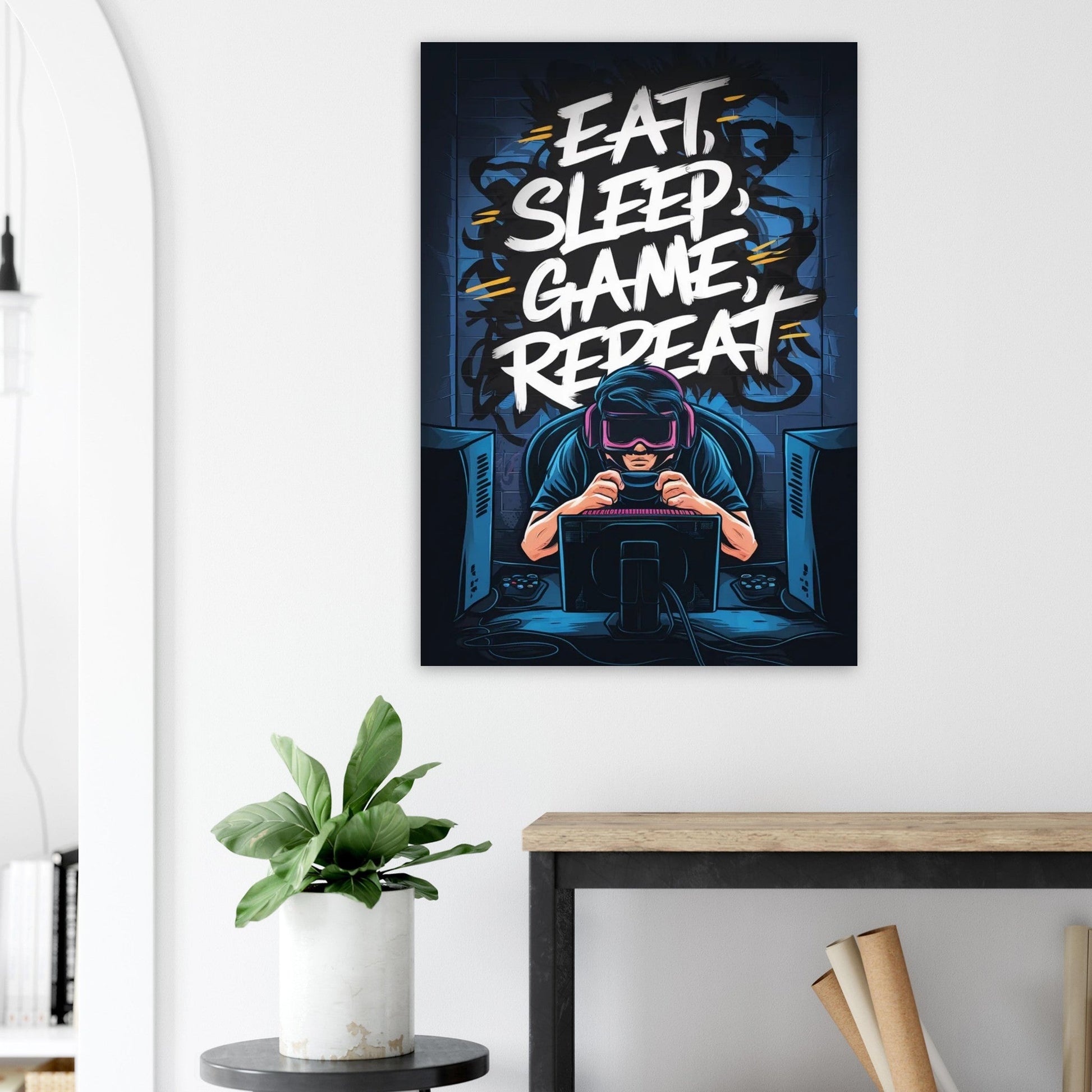 Eat, Sleep, Game, Repat. Aluminum Print | Home Decor | Gaming | Madfox Creations Co.