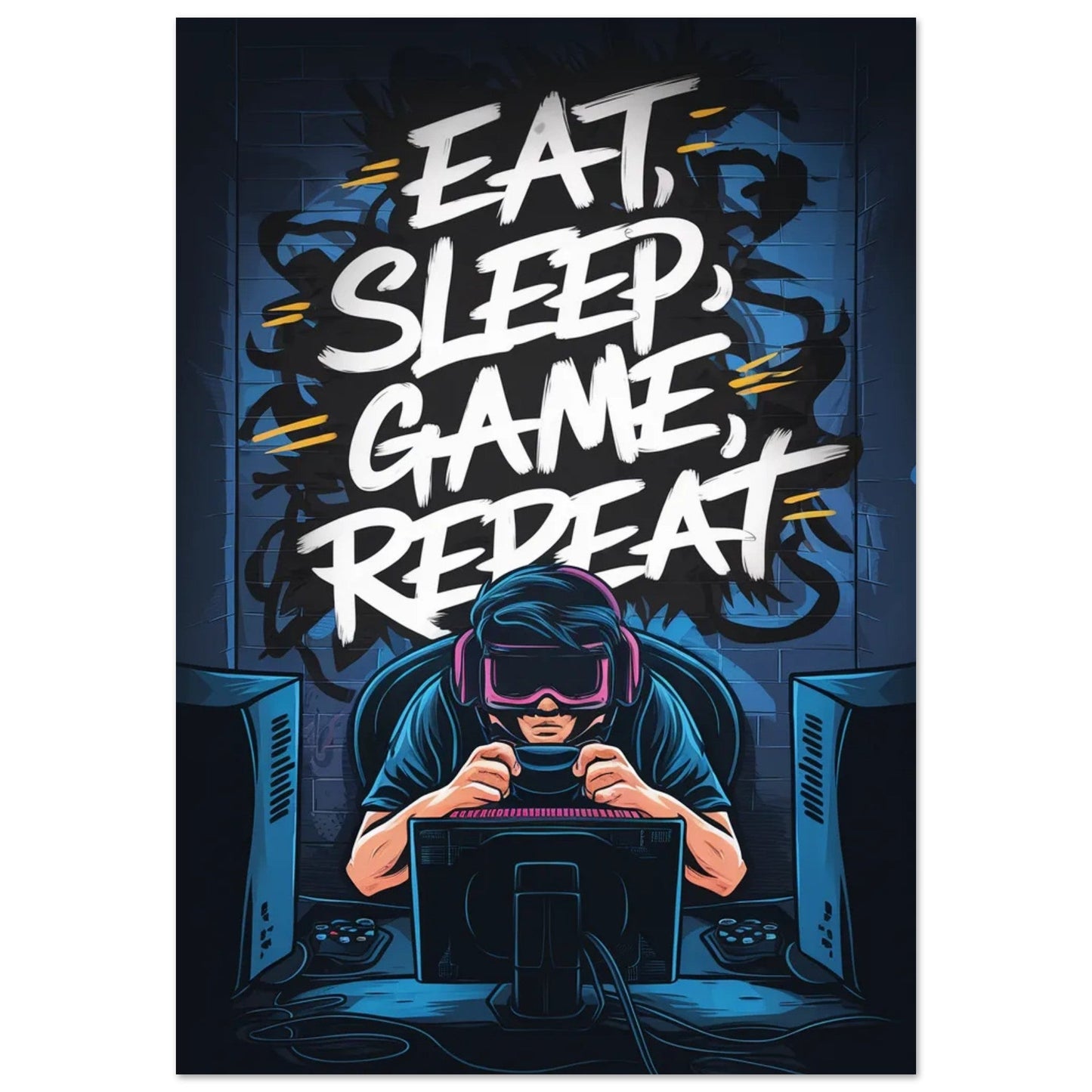 Eat, Sleep, Game, Repat. Aluminum Print | Home Decor | Gaming | Madfox Creations Co.