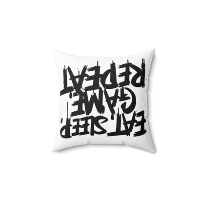 Eat, Sleep, Game, Repeat. Spun Polyester Square Pillow | Gamer Gift & Decor | Madfox Creations Co.