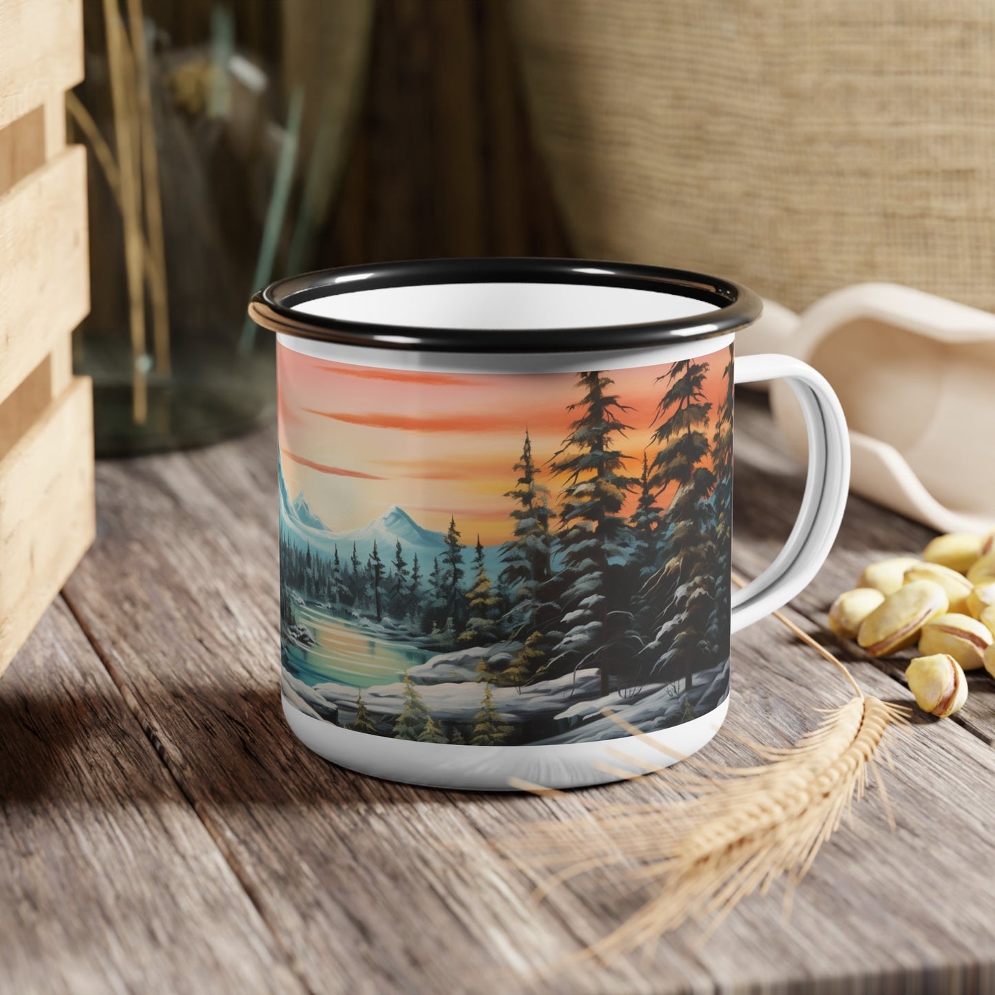 Nordic Landscape | Snowy Sunset | Enamel Camp Cup | Madfox Creations Co.