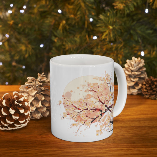 Sakura Tree In Front Of The Moon Ceramic Mug, (11oz, 15oz) | Madfox Creations Co.