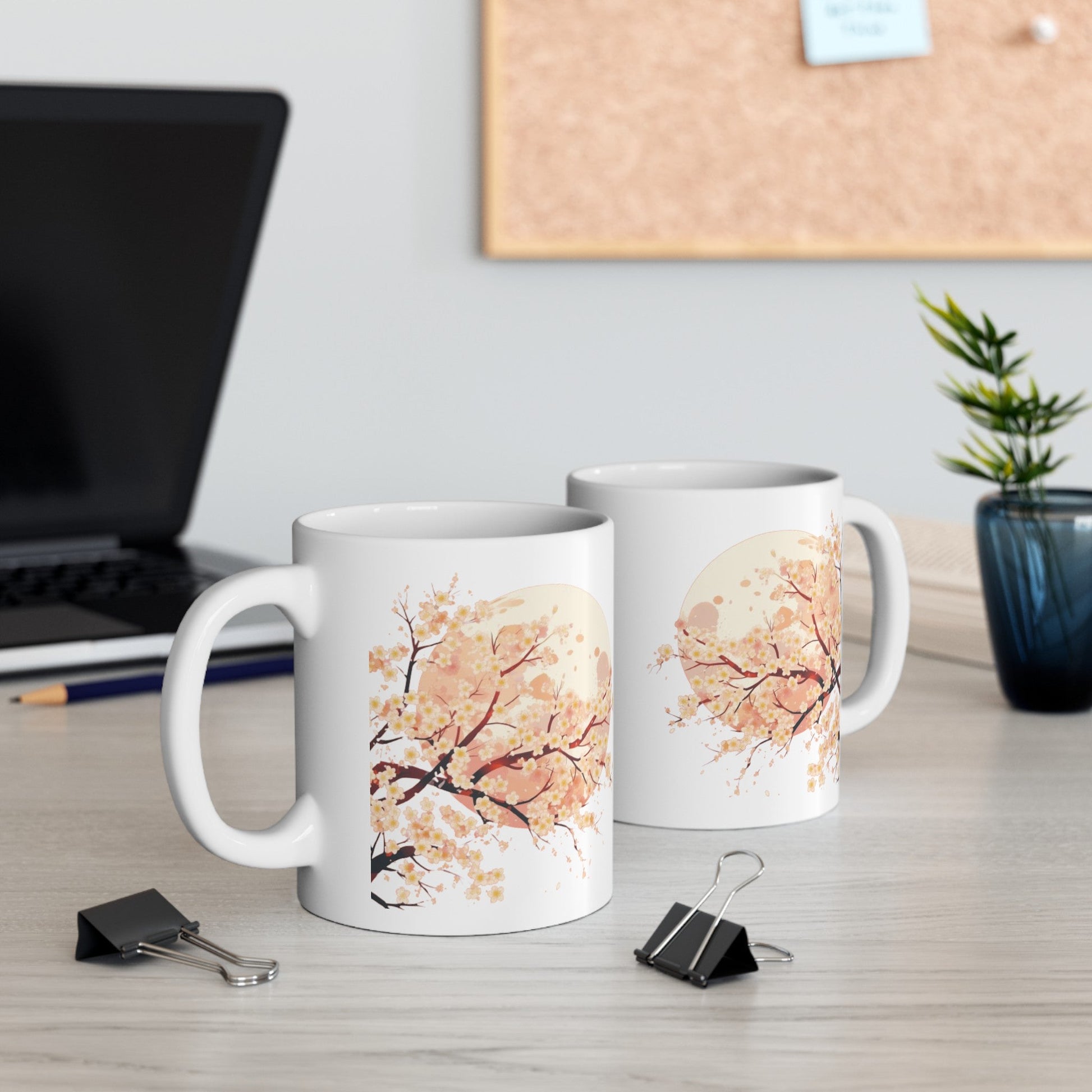 Sakura Tree In Front Of The Moon Ceramic Mug, (11oz, 15oz) | Madfox Creations Co.