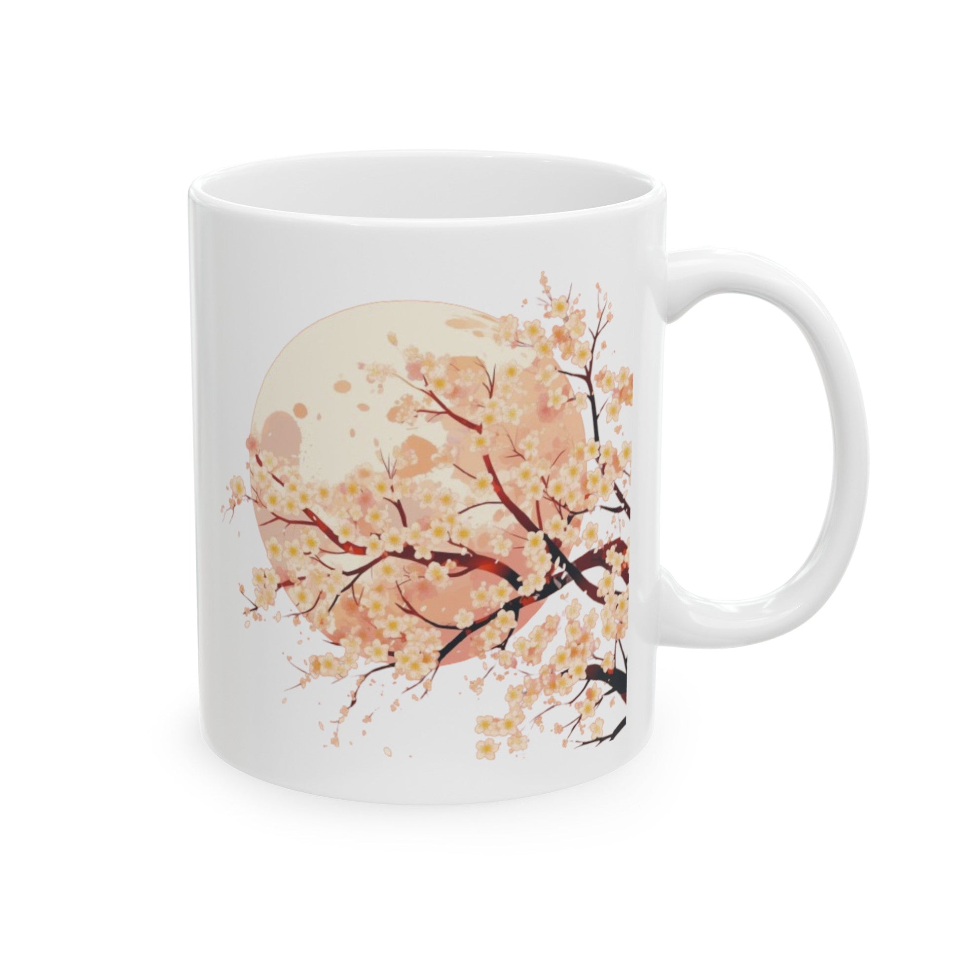 Sakura Tree In Front Of The Moon Ceramic Mug, (11oz, 15oz) | Madfox Creations Co.