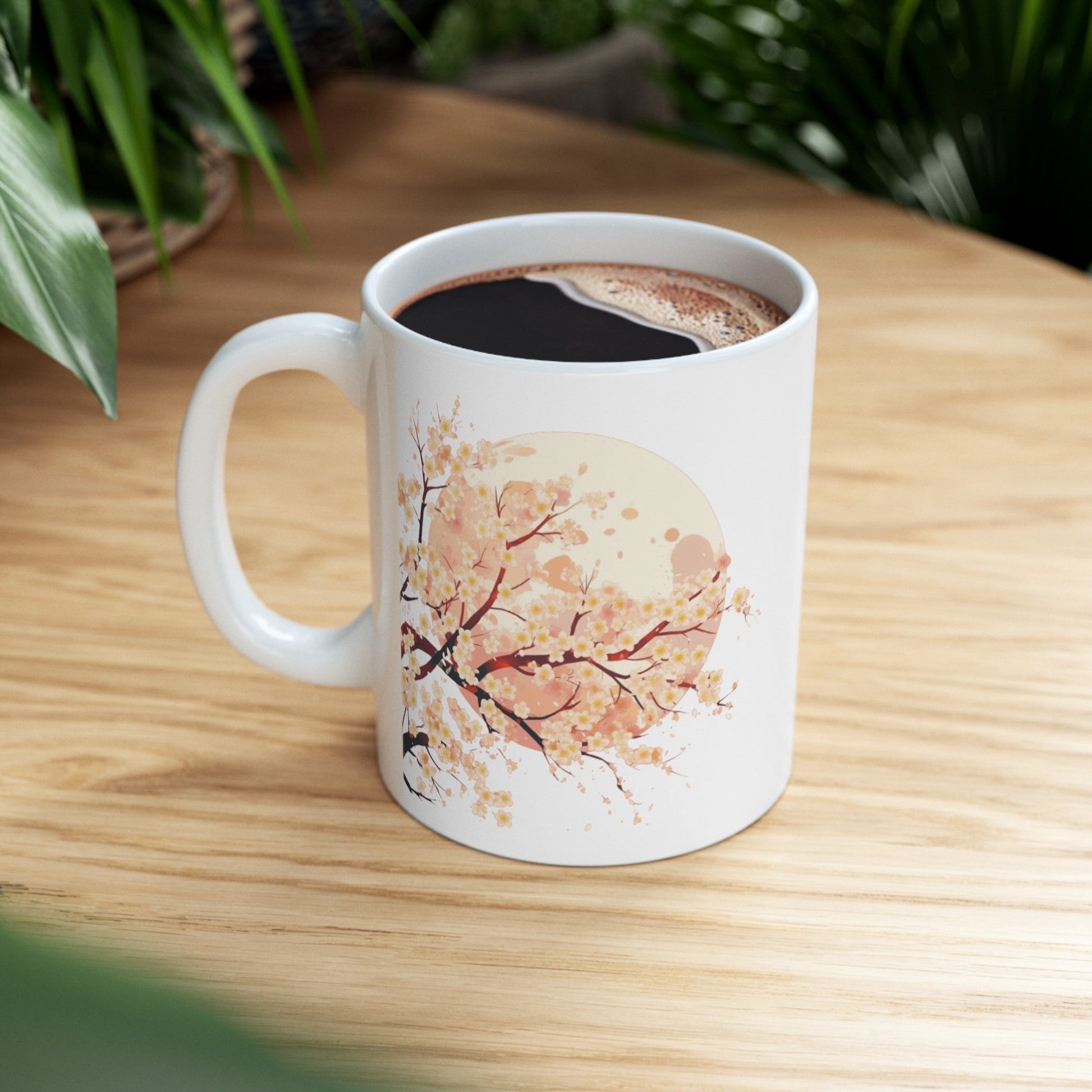 Sakura Tree In Front Of The Moon Ceramic Mug, (11oz, 15oz) | Madfox Creations Co.